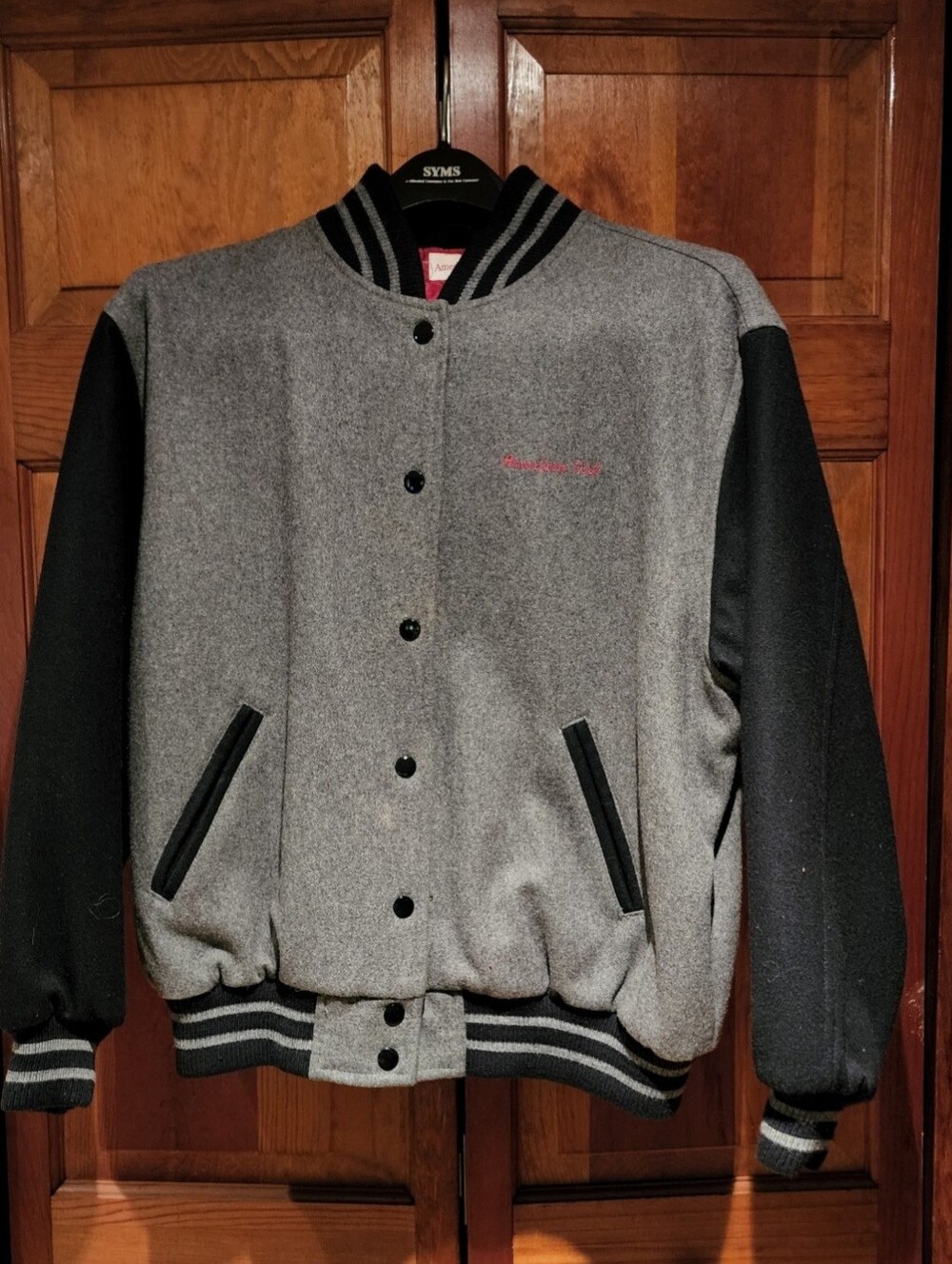 AMERICAN GIRL grey & black varsity jacket wool blend w Subtle pink logo on front